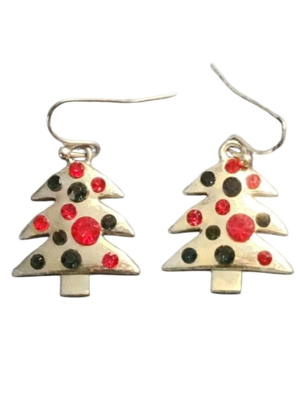 Festive Goldtone Christmas Tree Earrings with Red & Green Accents